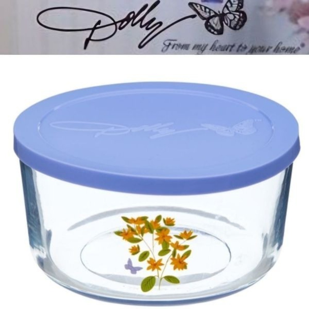 Dolly Parton Floral Design Food Storage Glass Bowl- Blue